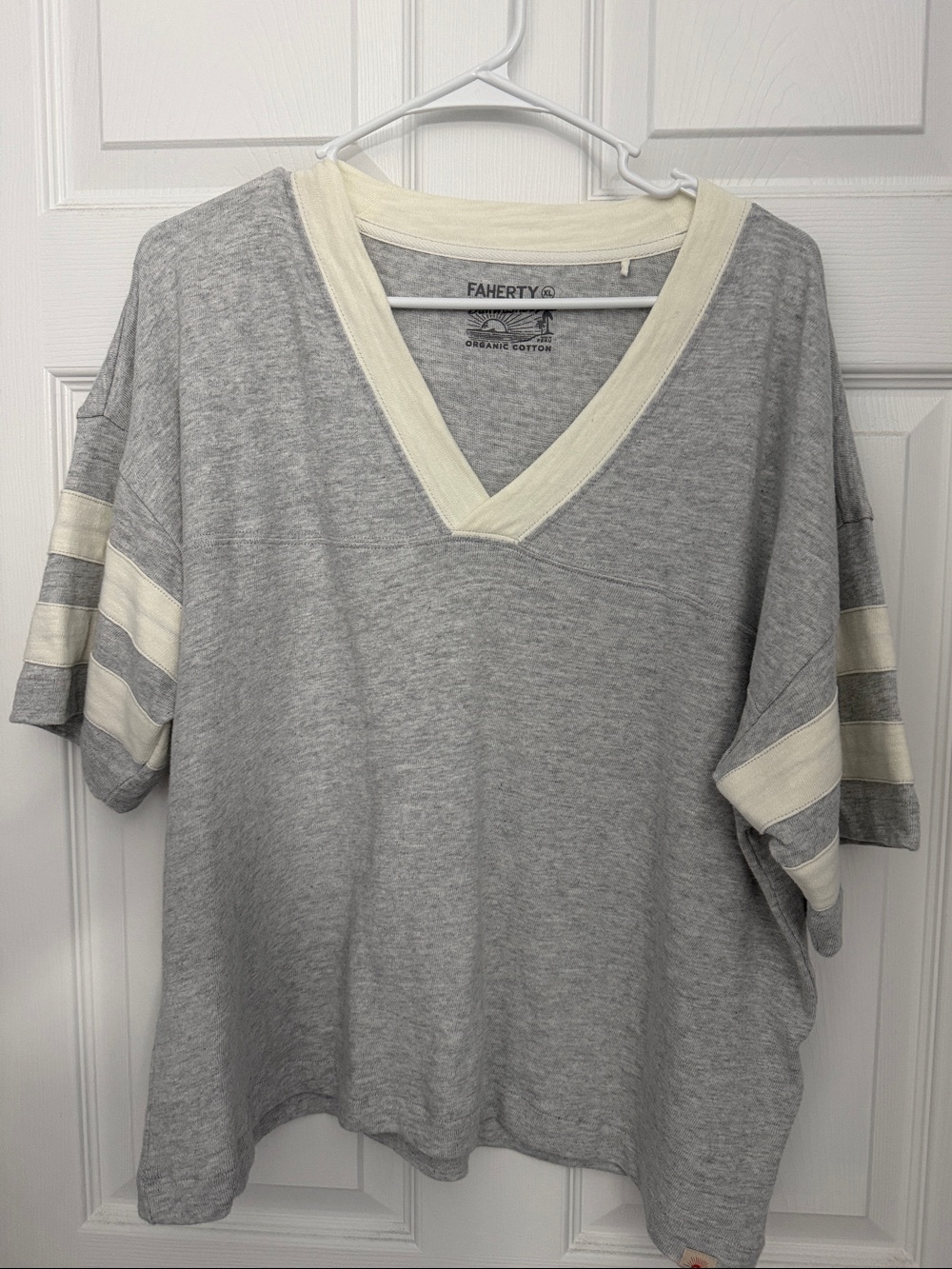 Faherty Gray V-Neck Short Sleeve Tee with White Trim.  Size XL